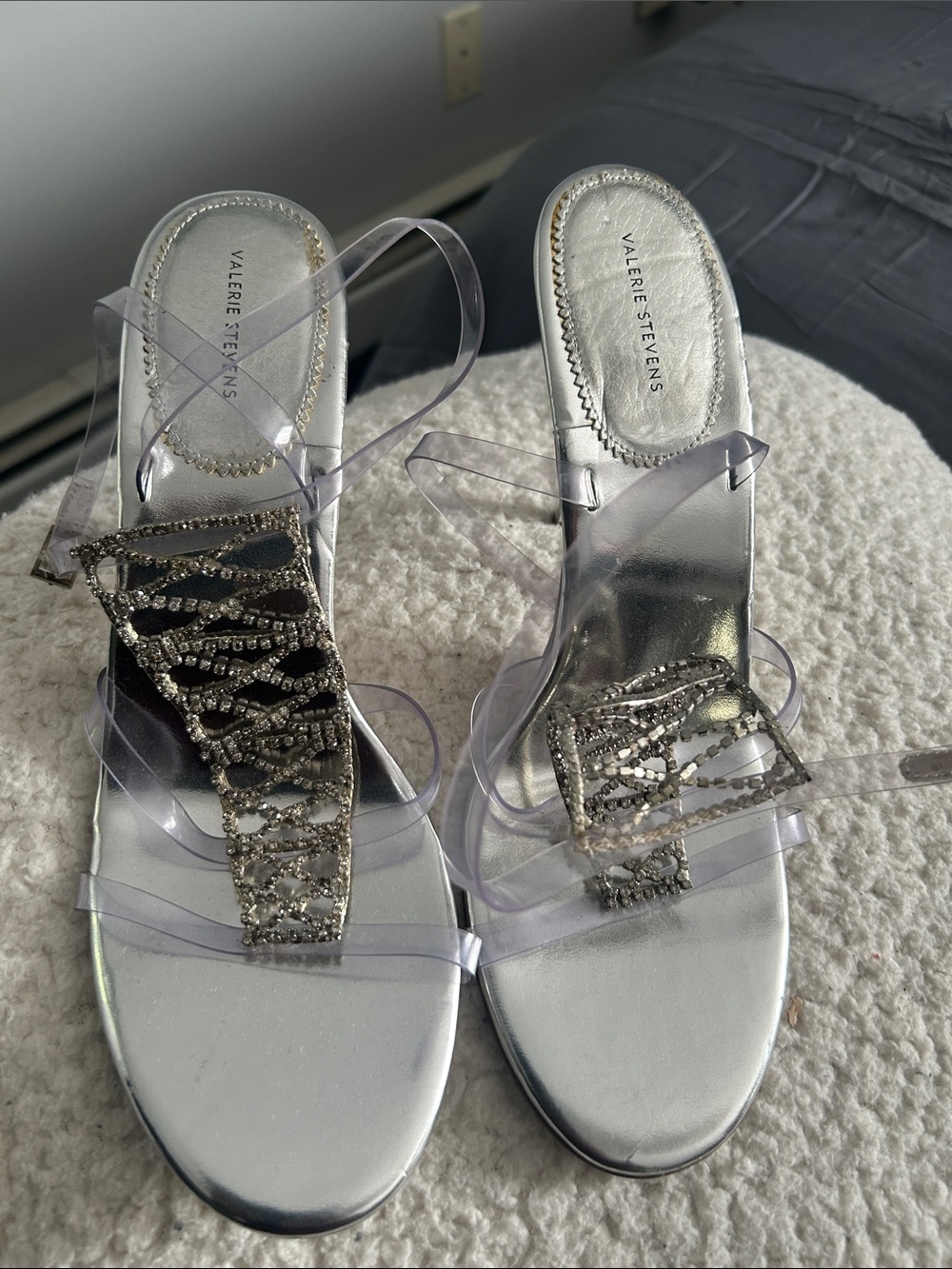 Valerie Stevens Metallic Silver Rhinestone Slide Sandals